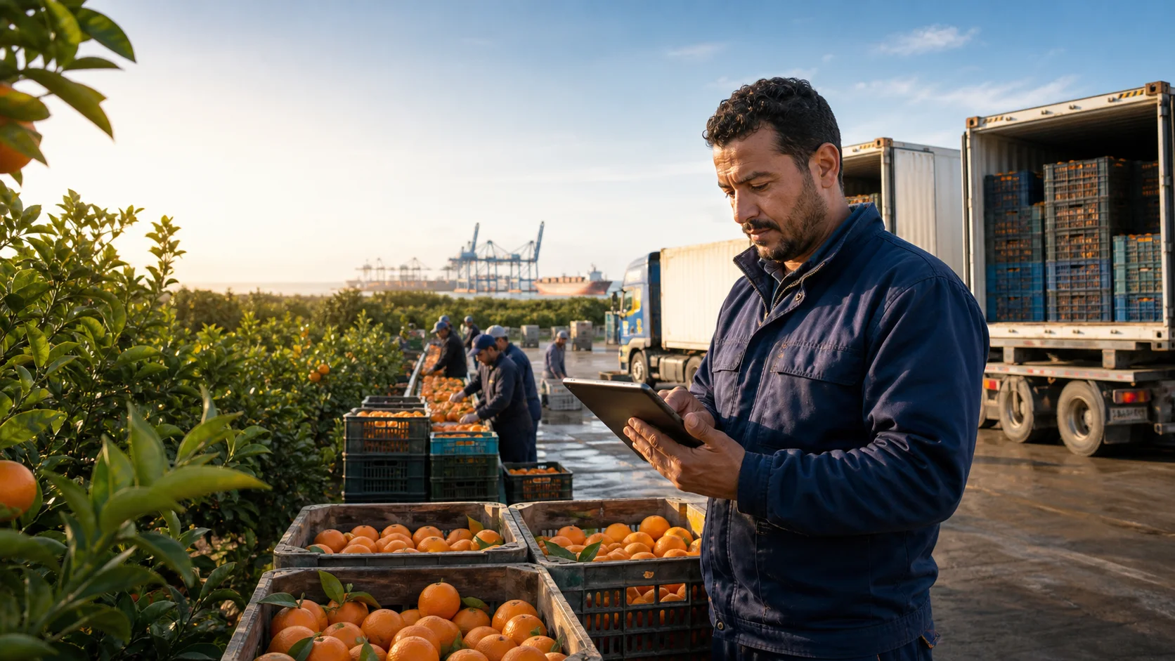 Exportateur marocain utilisant une tablette dans une exploitation d’agrumes pendant la préparation et le chargement des produits vers le port.