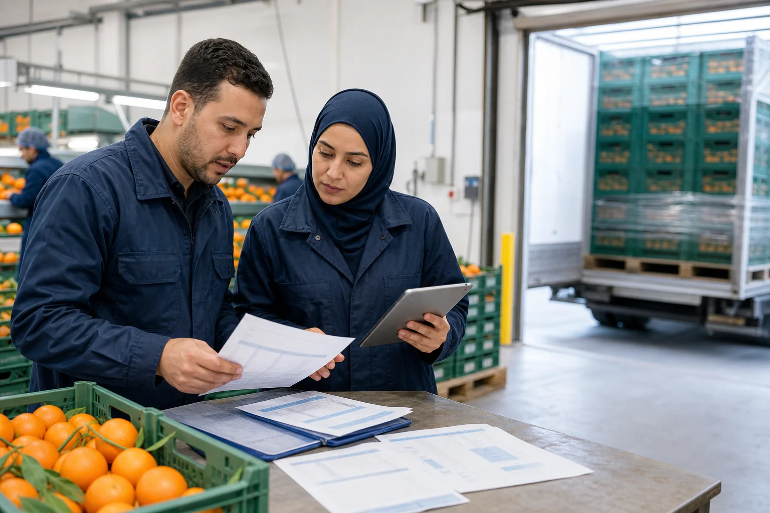 Responsables export marocains vérifiant sur tablette et papier un dossier d’agrumes pendant le chargement.